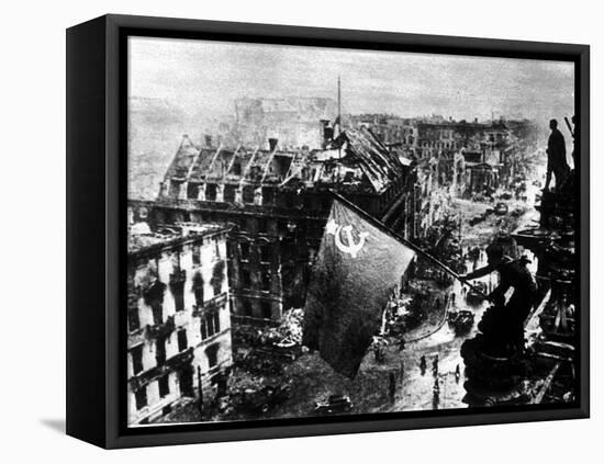 A Russian Sergeant Raises the Soviet Flag over the Reichstag, Berlin, 1945-null-Framed Premier Image Canvas
