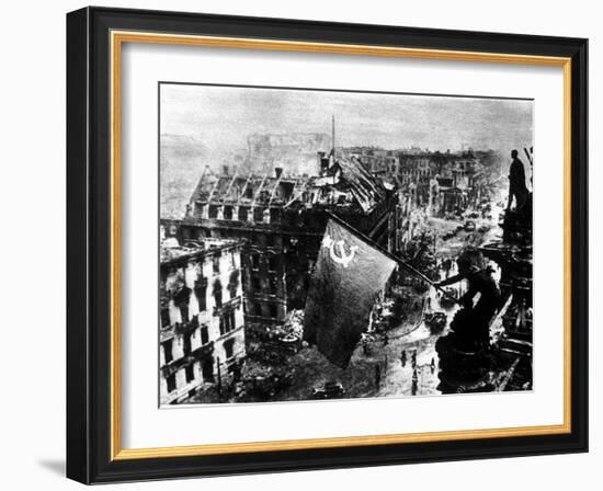 A Russian Sergeant Raises the Soviet Flag over the Reichstag, Berlin, 1945--Framed Photographic Print