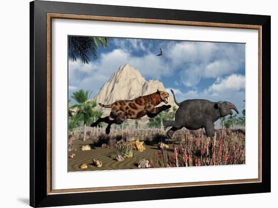 A Sabre-Tooth Tiger Attacking a Young Deinotherium-Stocktrek Images-Framed Art Print