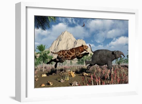 A Sabre-Tooth Tiger Attacking a Young Deinotherium-Stocktrek Images-Framed Art Print