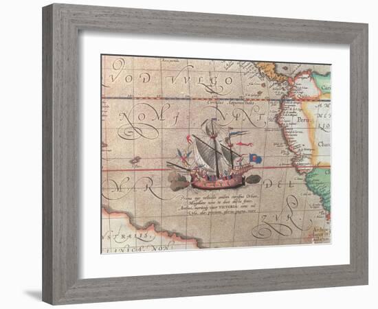 A Sailing Ship Firing its Cannon, Detail from a Map of the Pacific, China and America, 1599-Abraham Ortelius-Framed Giclee Print