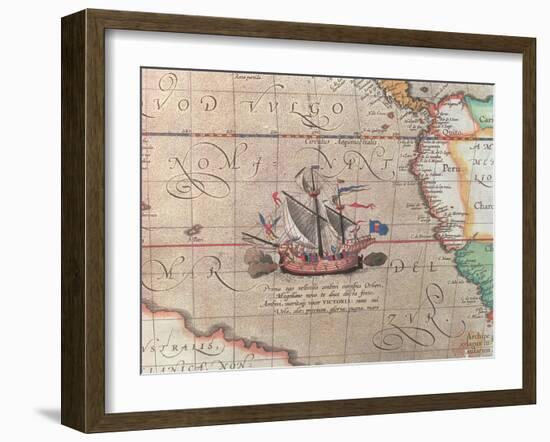 A Sailing Ship Firing its Cannon, Detail from a Map of the Pacific, China and America, 1599-Abraham Ortelius-Framed Giclee Print