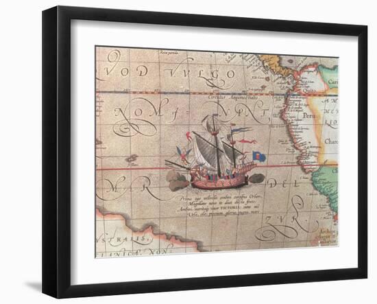 A Sailing Ship Firing its Cannon, Detail from a Map of the Pacific, China and America, 1599-Abraham Ortelius-Framed Giclee Print