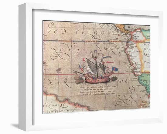 A Sailing Ship Firing its Cannon, Detail from a Map of the Pacific, China and America, 1599-Abraham Ortelius-Framed Giclee Print