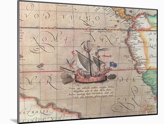 A Sailing Ship Firing its Cannon, Detail from a Map of the Pacific, China and America, 1599-Abraham Ortelius-Mounted Giclee Print