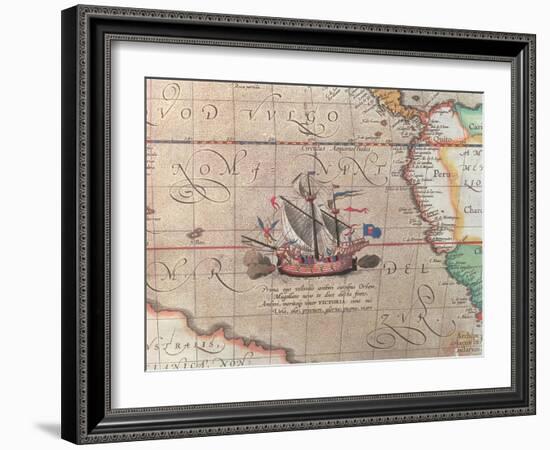 A Sailing Ship Firing its Cannon, Detail from a Map of the Pacific, China and America, 1599-Abraham Ortelius-Framed Giclee Print