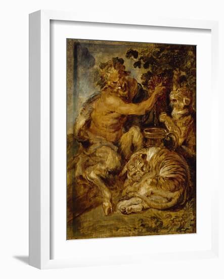 A Satyr Pressing Grapes with a Tiger and Leopard, C.1618-Peter Paul Rubens-Framed Giclee Print