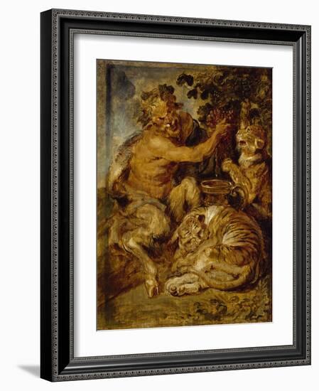 A Satyr Pressing Grapes with a Tiger and Leopard, C.1618-Peter Paul Rubens-Framed Giclee Print