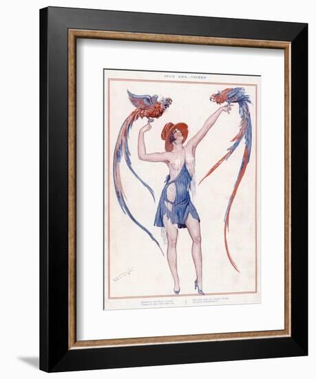 A Scantily Dressed Woman Displays Two Rather Noisy Looking Parrots-null-Framed Art Print