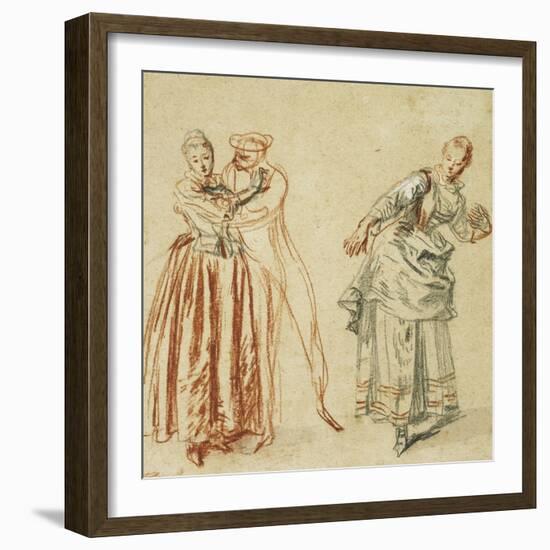 A Scene from the Commedia Dell'Arte: a Girl Resisting the Advances of a Comedian, and an Actress…-Jean Antoine Watteau-Framed Giclee Print