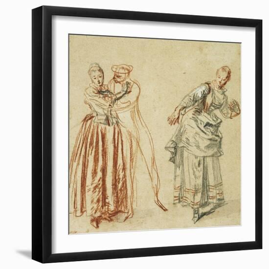 A Scene from the Commedia Dell'Arte: a Girl Resisting the Advances of a Comedian, and an Actress…-Jean Antoine Watteau-Framed Giclee Print