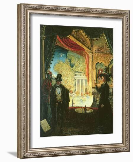 A Scene in a Theatre: a Performance Seen from a Box in Which Three Figures are Standing, 1908-James Dickson Innes-Framed Giclee Print