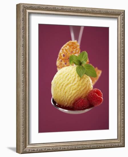 A Scoop of Vanilla Ice Cream with Hot Raspberries on a Spoon-Marc O^ Finley-Framed Photographic Print