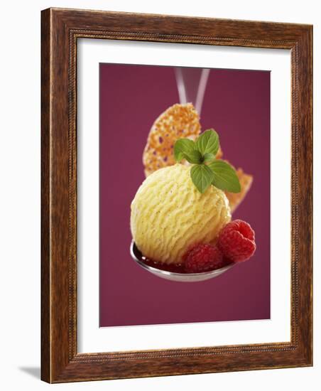 A Scoop of Vanilla Ice Cream with Hot Raspberries on a Spoon-Marc O^ Finley-Framed Photographic Print