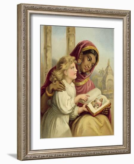 A Scripture Lesson - Indian Girl Teaching an English Child-English School-Framed Giclee Print