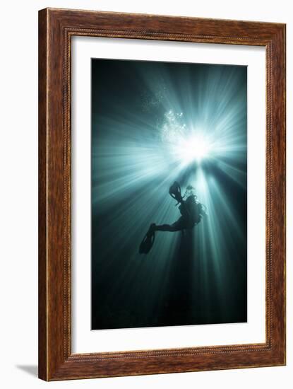 A Scuba Diver Ascends into the Light Emanating Above-null-Framed Premium Giclee Print