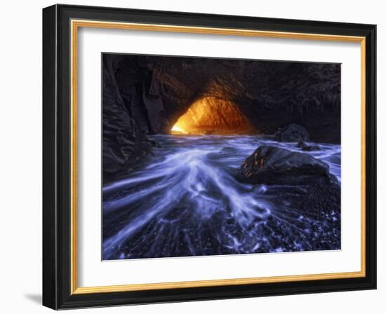 A Sea Tunnel at Cape Kiwanda, Oregon Lights Up under Just the Right Conditions.-Miles Morgan-Framed Photographic Print