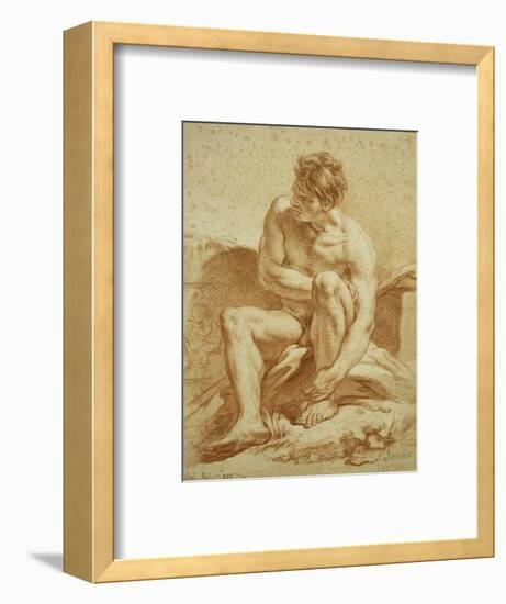 A Seated Nude with a Staff, a Relief with Putti to the Left-Francois Boucher-Framed Premium Giclee Print