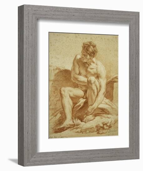 A Seated Nude with a Staff, a Relief with Putti to the Left-Francois Boucher-Framed Premium Giclee Print