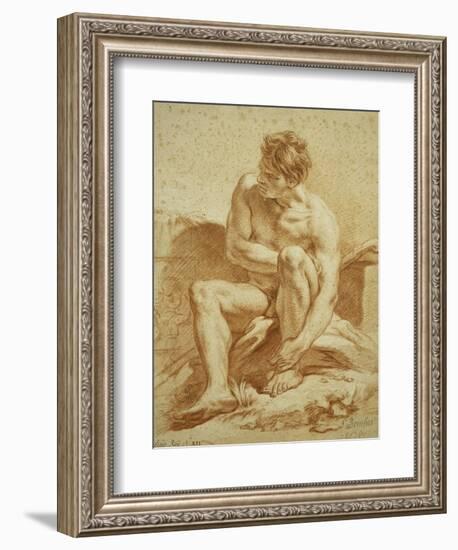 A Seated Nude with a Staff, a Relief with Putti to the Left-Francois Boucher-Framed Giclee Print