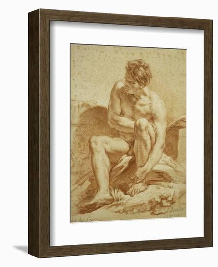 A Seated Nude with a Staff, a Relief with Putti to the Left-Francois Boucher-Framed Giclee Print