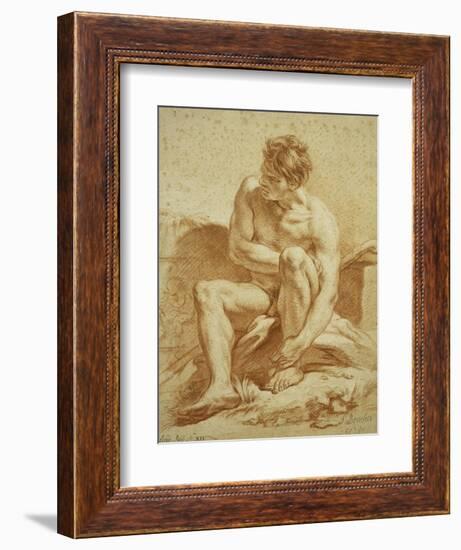 A Seated Nude with a Staff, a Relief with Putti to the Left-Francois Boucher-Framed Giclee Print