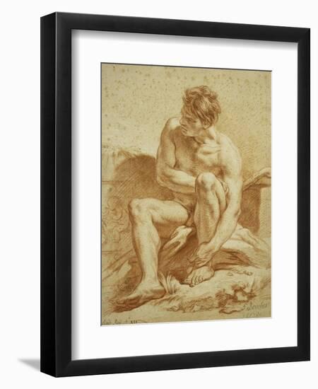 A Seated Nude with a Staff, a Relief with Putti to the Left-Francois Boucher-Framed Giclee Print