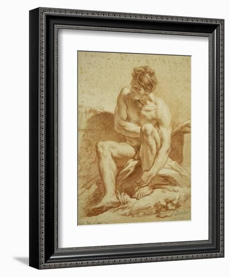 A Seated Nude with a Staff, a Relief with Putti to the Left-Francois Boucher-Framed Giclee Print