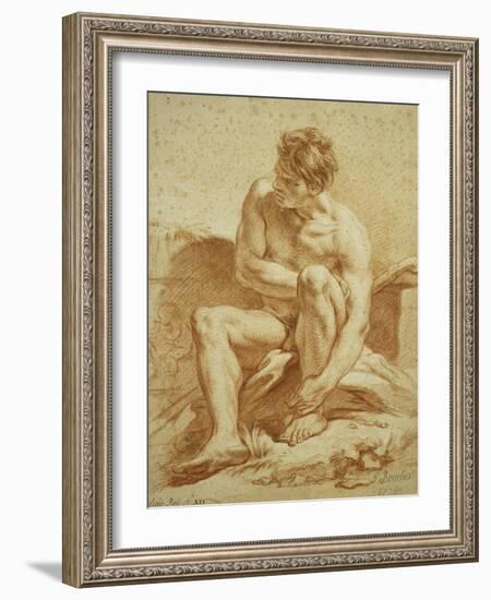 A Seated Nude with a Staff, a Relief with Putti to the Left-Francois Boucher-Framed Giclee Print