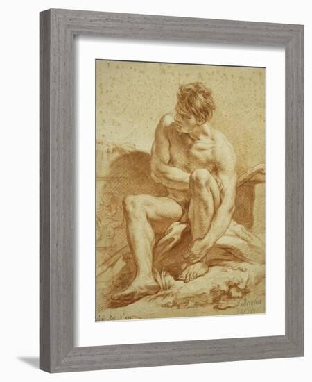 A Seated Nude with a Staff, a Relief with Putti to the Left-Francois Boucher-Framed Giclee Print