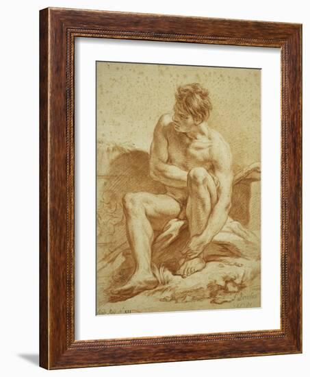 A Seated Nude with a Staff, a Relief with Putti to the Left-Francois Boucher-Framed Giclee Print