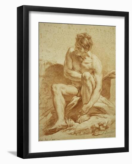 A Seated Nude with a Staff, a Relief with Putti to the Left-Francois Boucher-Framed Giclee Print