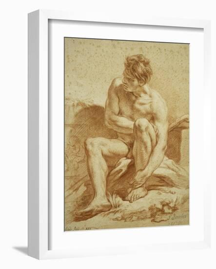 A Seated Nude with a Staff, a Relief with Putti to the Left-Francois Boucher-Framed Giclee Print