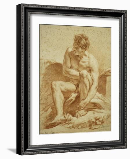 A Seated Nude with a Staff, a Relief with Putti to the Left-Francois Boucher-Framed Giclee Print