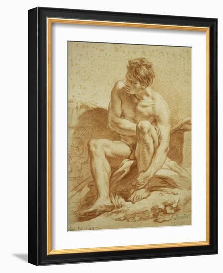 A Seated Nude with a Staff, a Relief with Putti to the Left-Francois Boucher-Framed Giclee Print