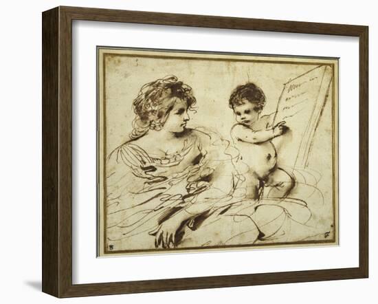 A Seated Sibyl Accompanied by a Putto Holding Up a Large Inscribed Tablet-Guercino (Giovanni Francesco Barbieri)-Framed Giclee Print