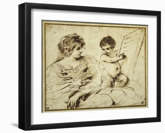 A Seated Sibyl Accompanied by a Putto Holding Up a Large Inscribed Tablet-Guercino (Giovanni Francesco Barbieri)-Framed Giclee Print