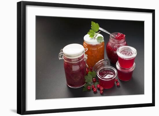 A Selection of Jams and Jelly in Jars, Redcurrants and Leaves-Foodcollection-Framed Photographic Print