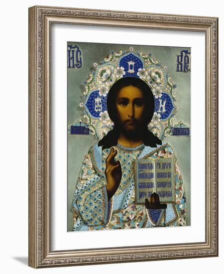 A Shaded Enamelled Silver-Gilt Icon of Christ Pantocrater, the Oklad Marked Moscow, 1899-1908-null-Framed Giclee Print