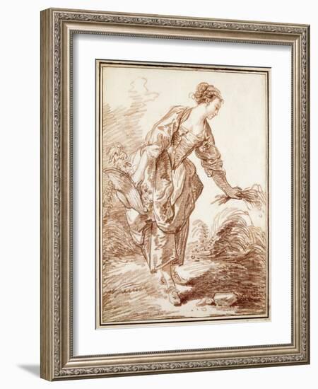 A Sheperdess Picking Flowers-Hubert Robert-Framed Giclee Print