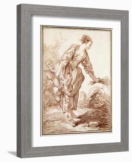 A Sheperdess Picking Flowers-Hubert Robert-Framed Giclee Print