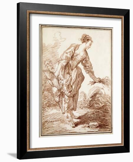 A Sheperdess Picking Flowers-Hubert Robert-Framed Giclee Print