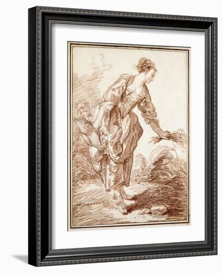 A Sheperdess Picking Flowers-Hubert Robert-Framed Giclee Print