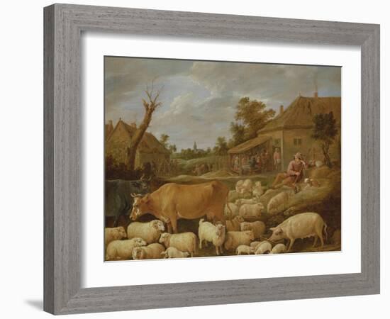 A Shepherd and His Flock by a Tavern (Oil on Canvas)-David the Younger Teniers-Framed Giclee Print