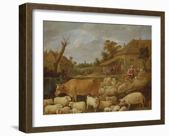 A Shepherd and His Flock by a Tavern (Oil on Canvas)-David the Younger Teniers-Framed Giclee Print