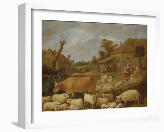 A Shepherd and His Flock by a Tavern (Oil on Canvas)-David the Younger Teniers-Framed Giclee Print