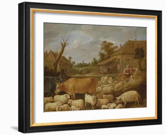 A Shepherd and His Flock by a Tavern (Oil on Canvas)-David the Younger Teniers-Framed Giclee Print