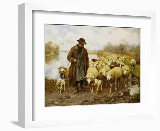 A Shepherd and Sheep by a Lake-Julius Hugo Bergmann-Framed Giclee Print