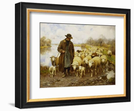 A Shepherd and Sheep by a Lake-Julius Hugo Bergmann-Framed Giclee Print