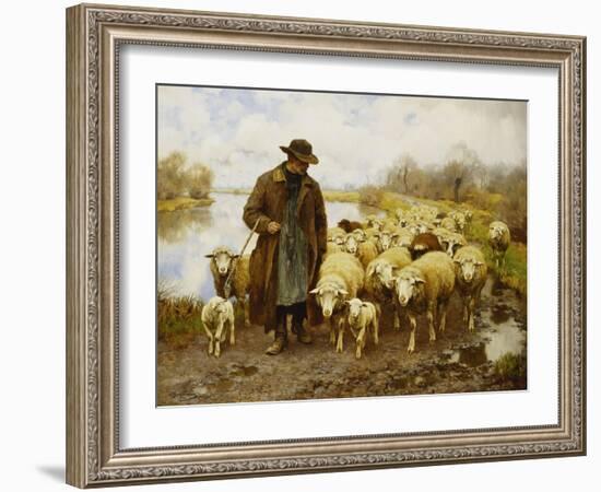 A Shepherd and Sheep by a Lake-Julius Hugo Bergmann-Framed Giclee Print